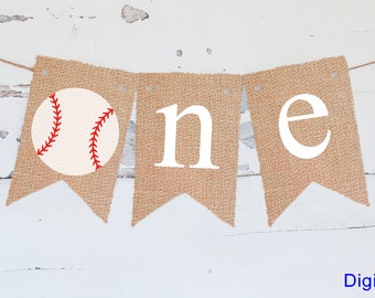 Estandarte del primer cumpleaños de béisbol, estandarte de la trona de béisbol, estandarte de béisbol, estandarte de un año de béisbol, estandarte de arpillera de béisbol imprimible