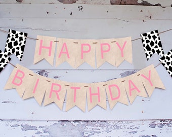 Farm Happy Birthday Banner, Farm Birthday Party Banner, Farm Party Decor, Girl Farm Banner, Cow Print Happy Birthday Garland Printable