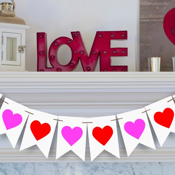 Valentines Day Decor, Valentines Day Banner, Pink and Red Heart Banner, Love Hearts Banner Printable