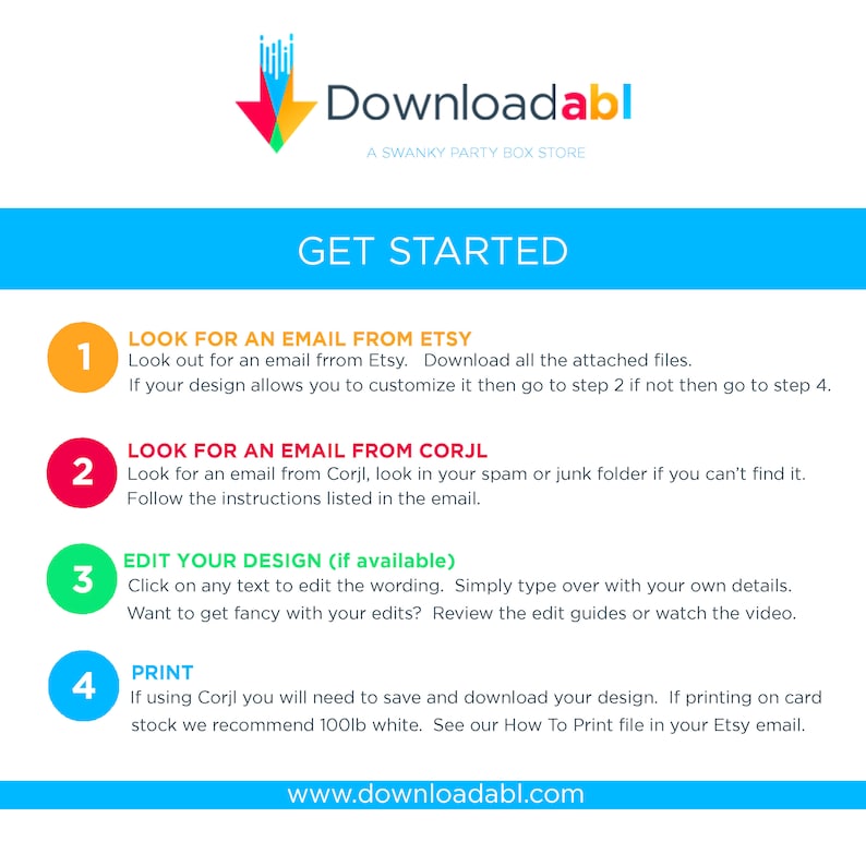 May include: A four-step guide for downloading and editing digital designs from Etsy and Corjl. The guide includes instructions for finding emails, editing designs, and printing. The website address www.downloadabl.com is at the bottom of the image.