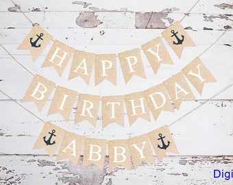 Ancoraggio Banner personalizzato di buon compleanno, arredamento per feste nautiche, arredamento di compleanno personalizzato, festa nautica, compleanno nautico stampabile