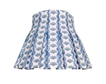 Box Pleat Pacific Blue Floral Motif Lampshade | Linen-Cotton Blend