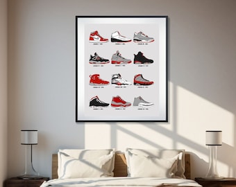Red Jordan Retro Sneaker Collection Print, Red Wall Art, Sneaker Wall Art, Sneakerhead room decor, Air Jordan Print