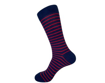 Striped Best Men's Navy / Red Striped Mid-Calf Cute Funky Colorful Cotton Dress Socks