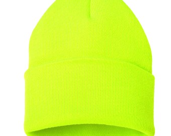 Unisex Cuff Plain Solid Knit Hat Winter Warm Cap Slouchy Skull Ski Beanie Hats - Neon Yellow