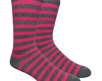 Striped Best Men's Charcoal / Fuchsia Mid-Calf Cute Funky Colorful Cotton Dress Socks Active