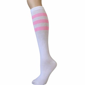 Womens 3 Stripes Tripe Stripes Casual Knee High Socks Up to Knee Stockings 9-11 White / Light Pink