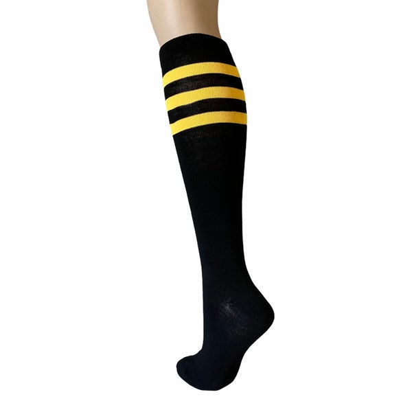 Womens 3 Stripes Tripe Stripes Casual Knee High Socks Up to Knee Stockings 9-11 Black / Yellow