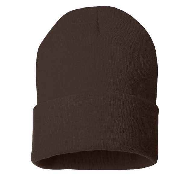 Unisex Cuff Plain Solid Knit Hat Winter Warm Cap Slouchy Skull Ski Beanie Hats - Brown