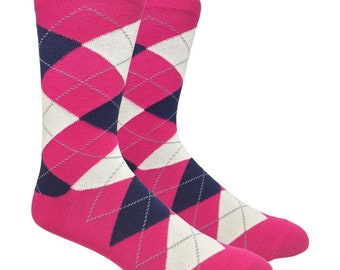 Men's Argyle Hotpink / Navy / White Groomsmen Bridgegroom Dress Crew Socks For Suit Mid Calf - Cute Funky Colorful