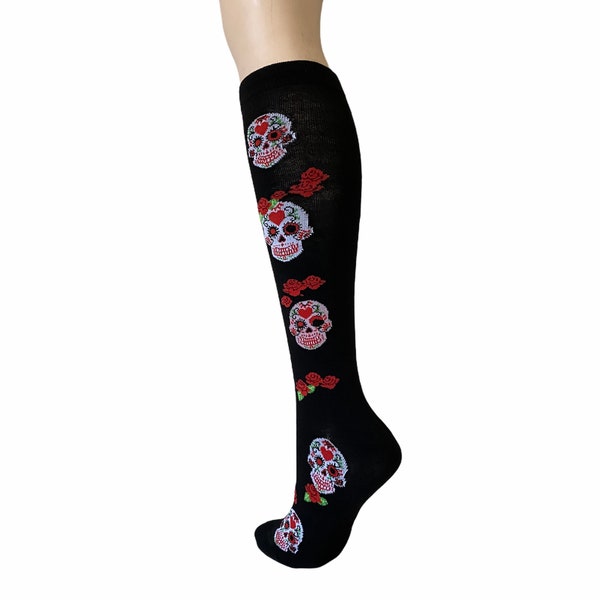 Women's Knee High Funky Socks Skull Heart Fashion Novelty Stocking Boot socks Black / Sugar Skull