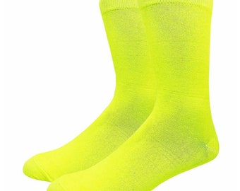 Men's Solid Neon Yellow Cotton Dress Socks Assorted Plain Dress Socks