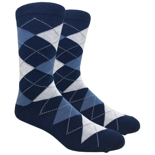 Men's Argyle Navy / Light Blue / White Groomsmen Bridgegroom Dress Crew Socks For Suit Mid Calf - Cute Funky Colorful