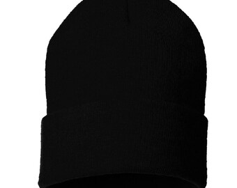 Unisex Cuff Plain Solid Knit Hat Winter Warm Cap Slouchy Skull Ski Beanie Hats - Black