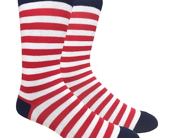 Striped Best Men's Navy / White / Red (Thick) Mid-Calf Cute Funky Colorful Cotton Dress Socks Active