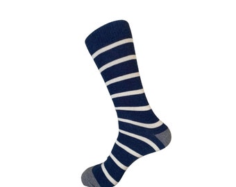 Striped Best Men's Heather Navy / Whtie  Mid-Calf Cute Funky Colorful Cotton Dress Socks Active