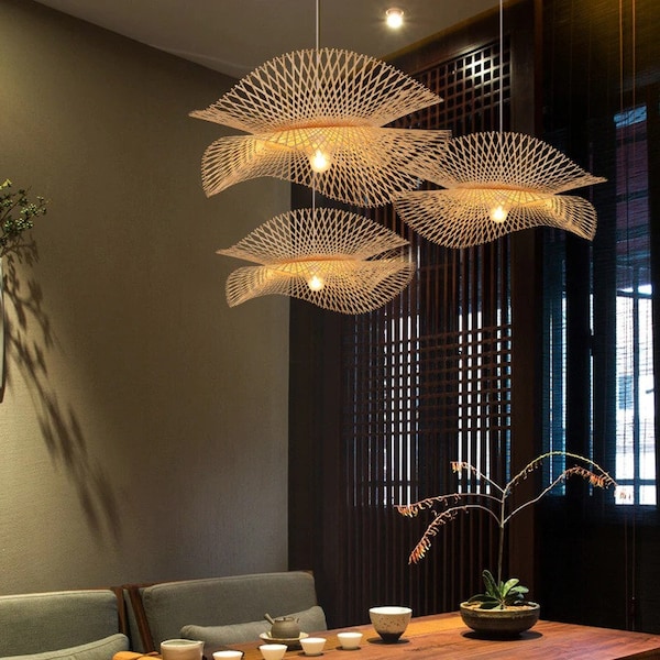 Moderne dubbele bamboe lampenkap, hanglamp, woonkamerlamp, slaapkamerlamp, armatuur, kroonluchter