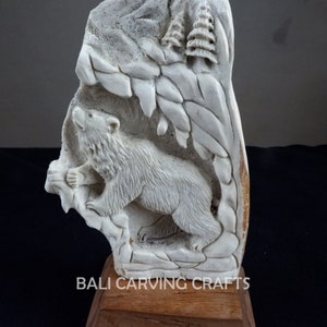 Carved bear animal figurine of moose antler, Hand carved bear animal statue home decoration, Carved bear animal sculpture altar supplies