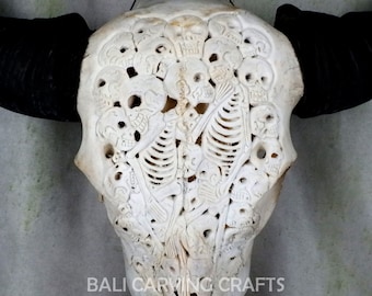 Real Carved Buffalo Skull Head, Carved Human Skeleton Design Animal Skull Bone Art, Bone Carving Home Decoration Skull Antique