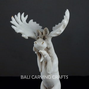 Carved cute deer figurine of deer antler, Hand carved cute Christmas deer animal home decoration, Cute Santa deer animal sculpture
