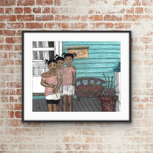 Original 16x20 inch Sisters, African American Art, Pigtails, Black Sisters Hugging, Black Girls, Black Daughters, African American Children