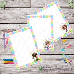 May include: Two sheets of white stationery paper featuring a colorful floral border made of small daisy-like shapes in pink, yellow, blue, and green. Each sheet displays a whimsical illustration of a person with curly hair gardening.