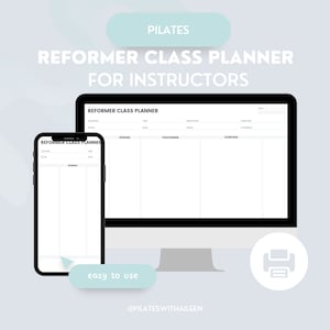 Pode incluir: Um planejador digital para instrutores de Pilates. O planejador é exibido na tela de um computador e um smartphone. O planejador inclui seções para objetivos, aquecimento, posicionamento, exercícios e duração. O texto "REFORMER CLASS PLANNER" é exibido no topo do planejador. O texto "easy to use" é exibido abaixo do planejador. O texto "@PILATESWITHAILEEN" é exibido na parte inferior do planejador.