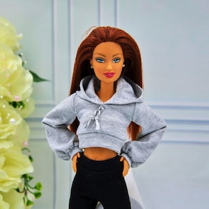 Short hoodie for dolls, gray realistic clothes for 1/6 scale doll