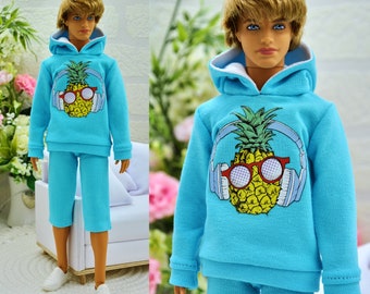 Hoodie for ken dolls, sports clothes with print for male doll, lilac blouse for a 1/6 scale doll