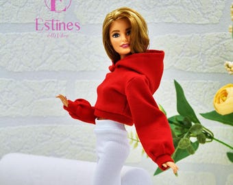 Short hoodie for dolls , sports sweatshirt for  doll, red clothes for 1/6 scale doll