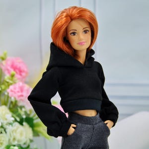 Short hoodie for dolls, black realistic clothes for 1/6 scale doll