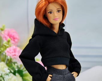 Short hoodie for dolls, black realistic clothes for 1/6 scale doll
