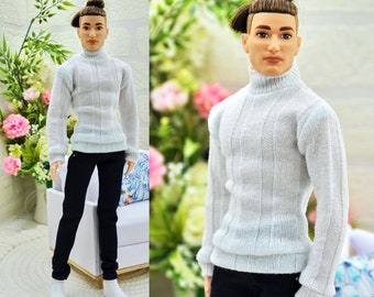 Knitted turtleneck for a ken doll, realistic clothes male dolls, white sweater for a Ken doll made to move