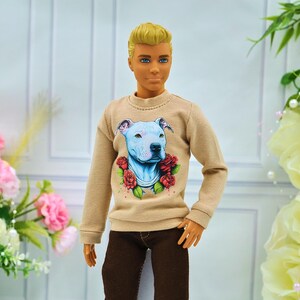 Long sleeve sweatshirt for a 1/6 scale men doll, beige blouse with a print of a pitbull dog for male dolls