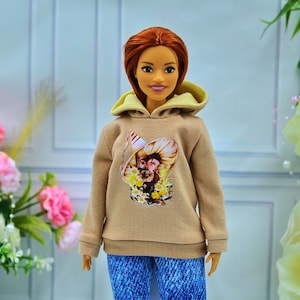 Hoodie for curvy doll, beige hoodie with print for 1/6 scale dolls
