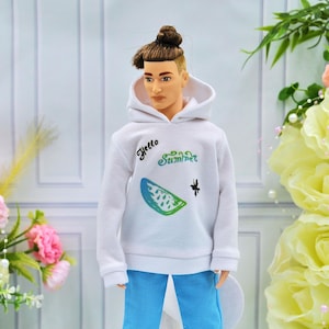 Hoodie for men dolls, sports clothes with print for male doll, white blouse for a 1/6 scale doll