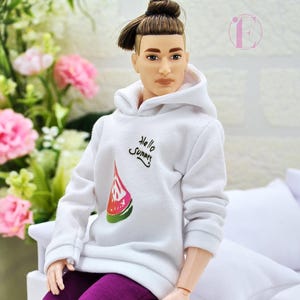 White sports hoodie with print for a 1:6 scale male doll, 100% cotton
