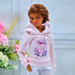 Hoodie for petite doll, light pink hoodie with print for 1/6 scale dolls