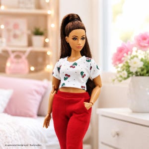 Patterned T-Shirt for Curvy 1/6 Scale Doll - Handmade Short Sleeve Doll Top