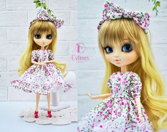 A beautiful romantic dress with pink flowers for Pullip or Blythe dolls and a hairband included