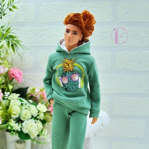 Hoodie for men dolls, sports clothes with print for male doll, green blouse for a 1/6 scale doll