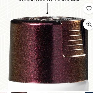 May include: Close-up of a metallic bottle cap with a gradient of colors, transitioning from bronze to deep burgundy. The cap has a textured, glittery appearance and is set against a white background. The text "WHEN APPLIED OVER BLACK BASE" is visible.
