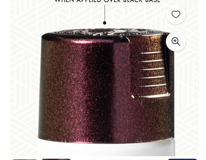 May include: Close-up of a metallic bottle cap with a gradient of colors, transitioning from bronze to deep burgundy. The cap has a textured, glittery appearance and is set against a white background. The text "WHEN APPLIED OVER BLACK BASE" is visible.
