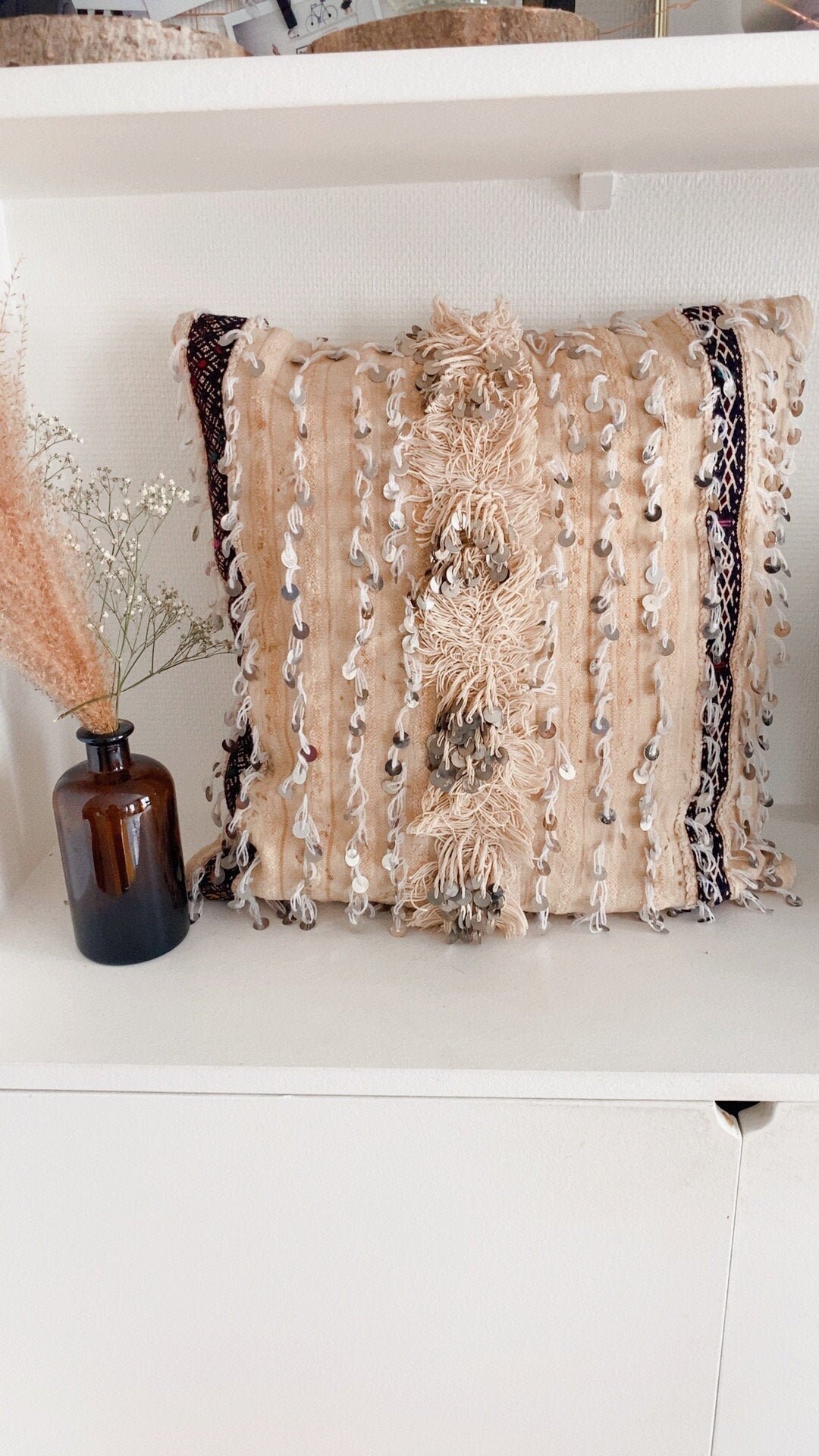 Coussin Berbère Marocain Handira I Laine & Sequins 50x50cm