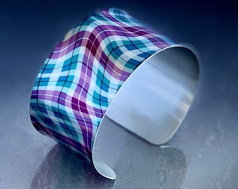 Tartan cuff bracelet Wide bangle Scottish tartan style design Teal and purple – Trendy tartan jewellery gift for Scotland lover (119 CW)