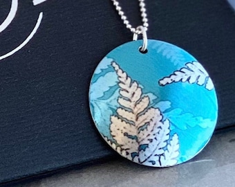 Botanical necklace pendant Turquoise & silver fern leaves design 925 silver chain – gift for garden / nature lover (301 PDD)