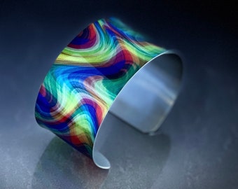 Rainbow wide cuff bracelet Metal bangle in rainbow colours – Arty jewellery gift for rainbow lovers  (701 CW)