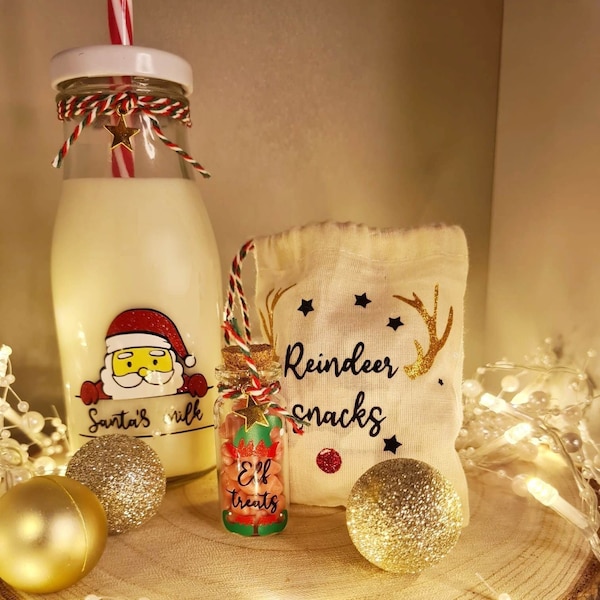 Santa milk bottle | Elf treats | Reindeer food Set Christmas Eve | Gift | Xmas tradition | Decor | Christmas Eve Box | Hand made with twine