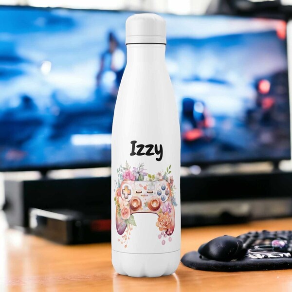 Personalised Name Gamer Girl Boy | Double Insulated Water Bottle | Keeps Hot & Cold 500ml | Christmas Gift Ideas | Controller Graffiti Art