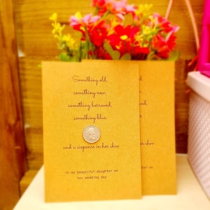 Lucky Sixpence for the bride to put in her shoe, arrives on a personalised card display to make it more special, thoughtful wedding day gift